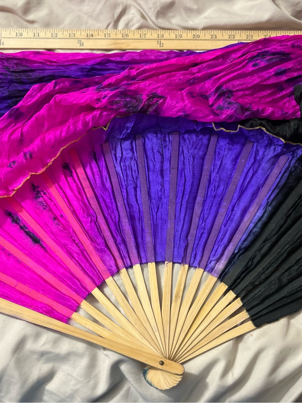 One Pair Handheld Silk Folding Fan - Magenta, Purple & Black with 4 Foot Ribbon